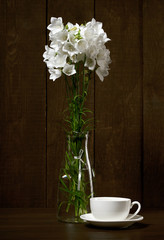 white flower in a vase and cup on dark wood background
