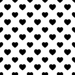 Simple heart shape seamless pattern in diagonal arrangement. Love and romantic theme background. Black and white vector wallpaper.