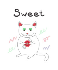 Cute vector illustration, kitten in cartoon linear style with realistic pink button candy, with hand drawn lettering word Sweet. Scrapbook element. Art card for nursery or kids room poster background.