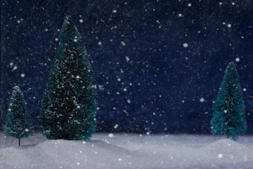 Christmas card with winter forest at night in the snow