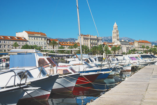 Boat harbor of the old town Split in Croatia.
