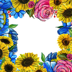 Watercolor Floral Background. Hand painted border of flowers. Good for invitations and greeting cards. Frame of sunflowers, roses, berries and blue wildflowers isolated on white. Spring blossom