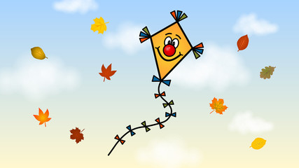 Lustiger Papierdrachen mit buntem, fliegenden Herbstlaub vor herbstlichem Wolkenhimmel / Vektor-Illustrations-Set