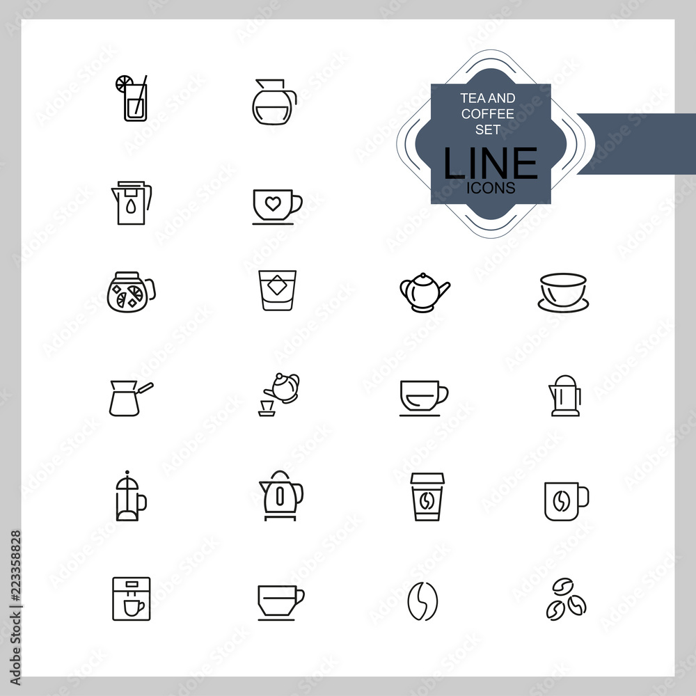 Poster Tea and coffee icons. Set of  line icons. Tea cup, coffee bean, teapot. Beverage concept. Vector illustration can be used for topics like drinks, kitchen equipment, cafe