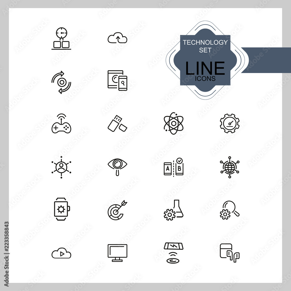 Poster technology icons. set of line icons. smartwatch, wireless game controller, cloud storage. modern tec