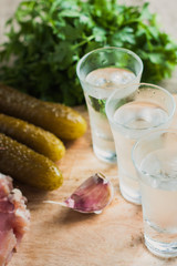 Obraz na płótnie Canvas Set of vodka on the table - cucumbers, lard, garlic, parsley, bread