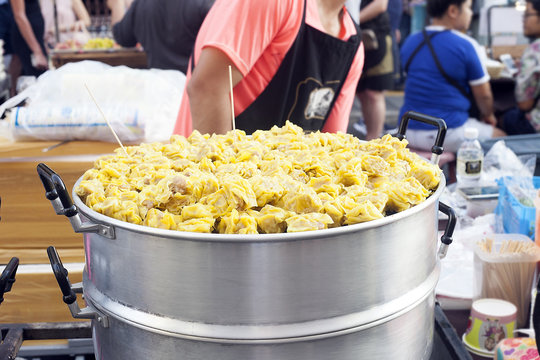 Thai steamed dumplings on street market in Phuket, Thailand