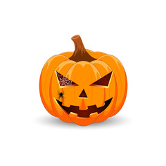 Pumpkin on white background. The main symbol of the Happy Halloween holiday. Orange pumpkin with smile for your design for the holiday Halloween. Vector illustration.