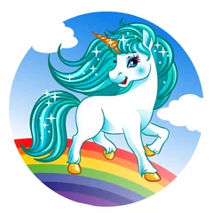 Tuinposter Cute fantasy unicorn and rainbow. © Elena Antonova