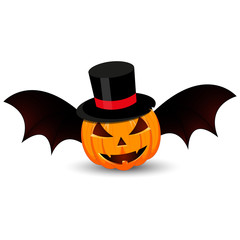 Naklejka premium Pumpkin with hat and winds on white background. The main symbol of the Happy Halloween holiday. Orange pumpkin with smile for your design for the holiday Halloween. Vector illustration.