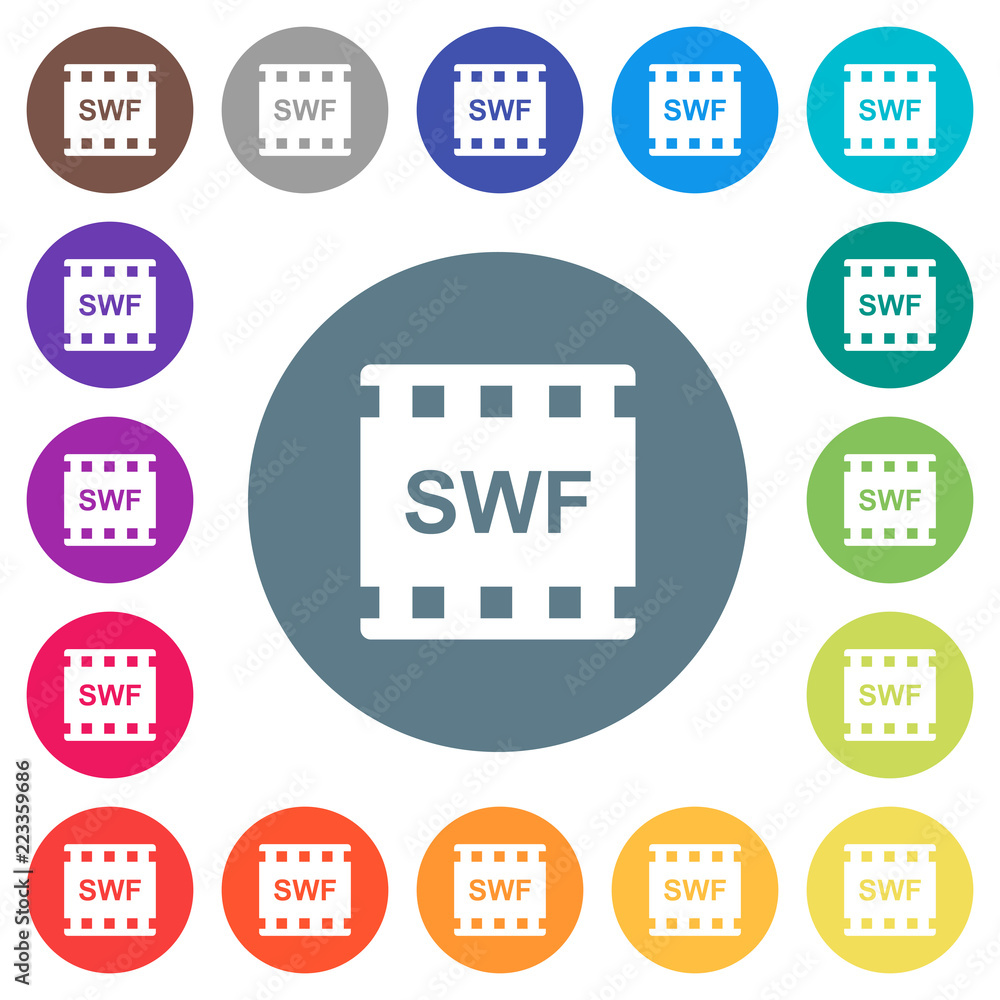 Poster swf movie format flat white icons on round color backgrounds