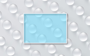 White background with balls pattern and blue transparent frame.