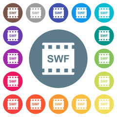 SWF movie format flat white icons on round color backgrounds