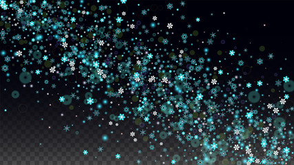 Christmas  Vector Background with Blue Falling Snowflakes Isolated on Transparent Background. Realistic Snow Sparkle Pattern. Snowfall Overlay Print. Winter Sky. Design for Party Invitation.