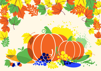 Autumn harvest festival illustration with leaves and vegetables.