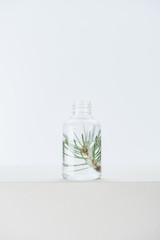 transparent bottle of natural herbal essential oil with fir twig on white surface