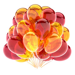red yellow party balloons bunch. birthday decoration glossy modern. helium balloon carnival colorful symbol. 3d rendering