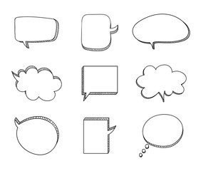 Vector Set of Drawn 3D Talk Bubbles, Black Drawings, Isolated Frames.