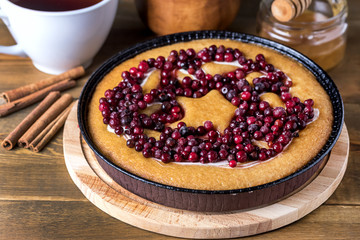 Cranberry Tasty Pie Delicious Cranberry Cake Fresh Cranberries for Christmas or Thanksgiving Day Wooden Background Homemade