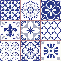 Portuguese vector tile seamless pattern, Azluejo tiles mosaic in navy blue, abstract and floral designs