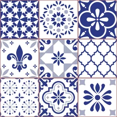 Stof per meter Portugees vector tegel naadloos patroon, Azluejo tegels mozaïek in marineblauw, abstracte en bloemmotieven © redkoala