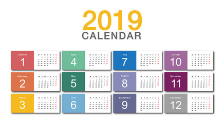 Colorful Year 2019 calendar horizontal vector design template, simple and clean design. Calendar for 2019 on White Background for organization and business. Week Starts Monday.
