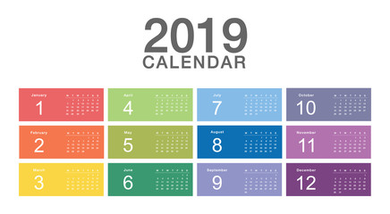 Colorful Year 2019 calendar horizontal vector design template, simple and clean design. Calendar for 2019 on White Background for organization and business. Week Starts Monday.