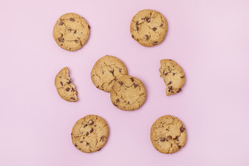 Chocolate American Cookies Tasty Cookies on Pink Background Flat Lay Top View