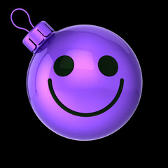 Happy New Year bauble cartoon Christmas ball funny face decoration purple cute emoticon. Xmas cheerful person laughing character. 3d rendering isolated on black