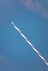 Fototapeta premium aircraft with contrail in morning sun