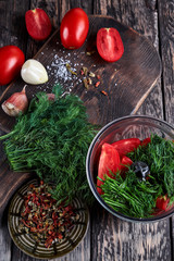 ingredients for fresh tomato sauce, garlic, herbs and spices