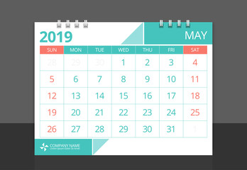 2019 calendar May week start Sunday corporate design template vector.