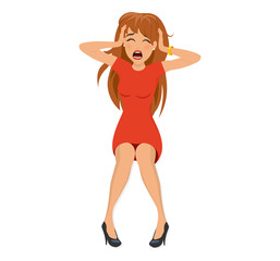 Verzweifelte reiche Frau sitzt sitzende Position Haltung isoliert auf weißem Hintergrund Flat Design