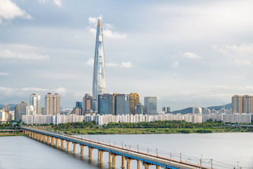 Amazing view of modern tower and Jamsil Railway Bridge, Seoul