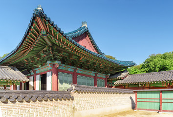 Fototapeta premium Scenic view of Seonjeongjeon Hall with amazing blue tile roof