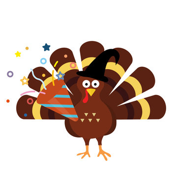 Happy thanksgiving celebration with confetti popper icon. Thanksgiving turkey cartoon. Vector illustration flat design isolated on white background