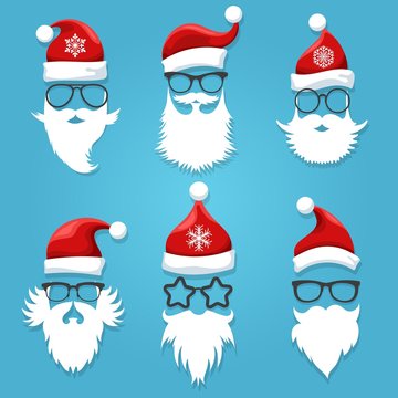 Santa face wearing. Christmas santa claus face clothes like hats, glasses and beards vector illustration