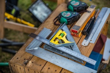 Carpenter’s tools on table.