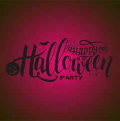 Vector Illustration of halloween on pink background. Happy Halloween Text Banner. Autumn poster with pumpkin, web, bat, spider.
