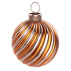 golden Christmas ball decoration closeup orange metallic modern decor. New Year's Eve hanging adornment traditional, Merry Xmas wintertime ornament shiny. 3d rendering