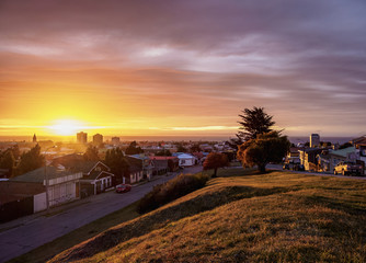 View over city towards Strait of Magellan at sunrise, Punta Arenas, Magallanes Province, Patagonia,...
