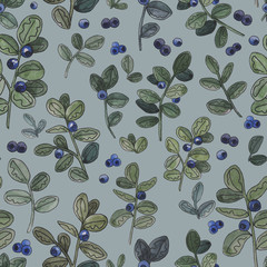 Blueberry. Watercolor botanical illustration. Natural seamless pattern. Rustic style.