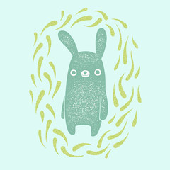 Funny cartoon blue bunny character. Hand drawn illustration.