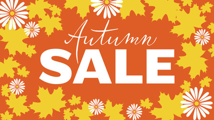 Autumn sale poster, banner, logo, printing for seasonal promo, discount, special offer. Hand drawn lettering Autumn with bright flat style maple leafs decoration. Fall business concept.