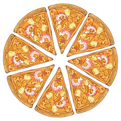 Group of vector colorful illustrations on the pizza theme; pieces of shrimp pizza. Pictures contain realistic shadows and glare.