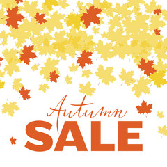 Autumn sale poster, banner, logo, printing for seasonal promo, discount, special offer. Hand drawn lettering Autumn with bright flat style maple leafs decoration. Fall business concept.