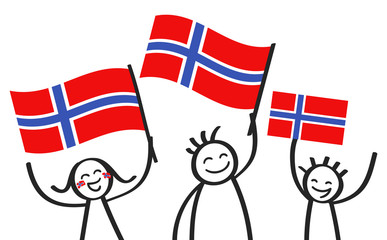 Cheering group of three happy stick figures with Norwegian national flags, smiling Norway supporters, sports fans isolated on white background
