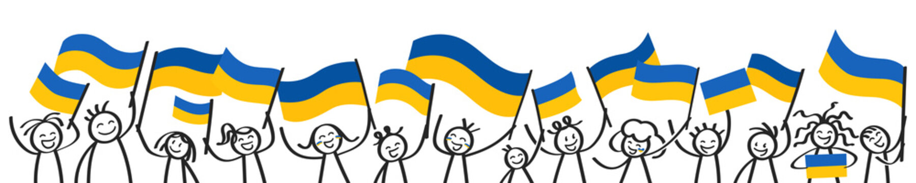 Cheering crowd of happy stick figures with Ukrainian national flags, smiling Ukraine supporters, sports fans isolated on white background