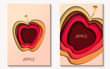 Two cards in paper cut style with apple, minimal template design. Abstract paper waves, layers, 3d art. Vector illustration