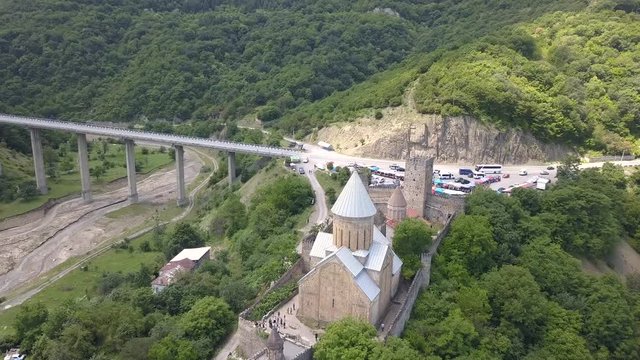 Famous georgian sightseeing - Aerial view to Ananuri castle complex on the Aragvi River in Georgia